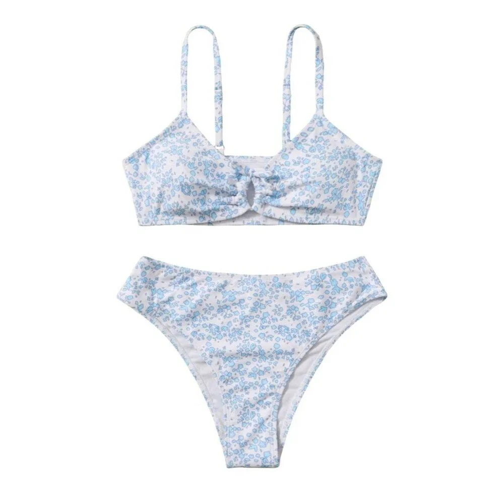Girls' 2 Piece Ditsy Floral Print Knot Front Ruched Triangle Bikini 14YO